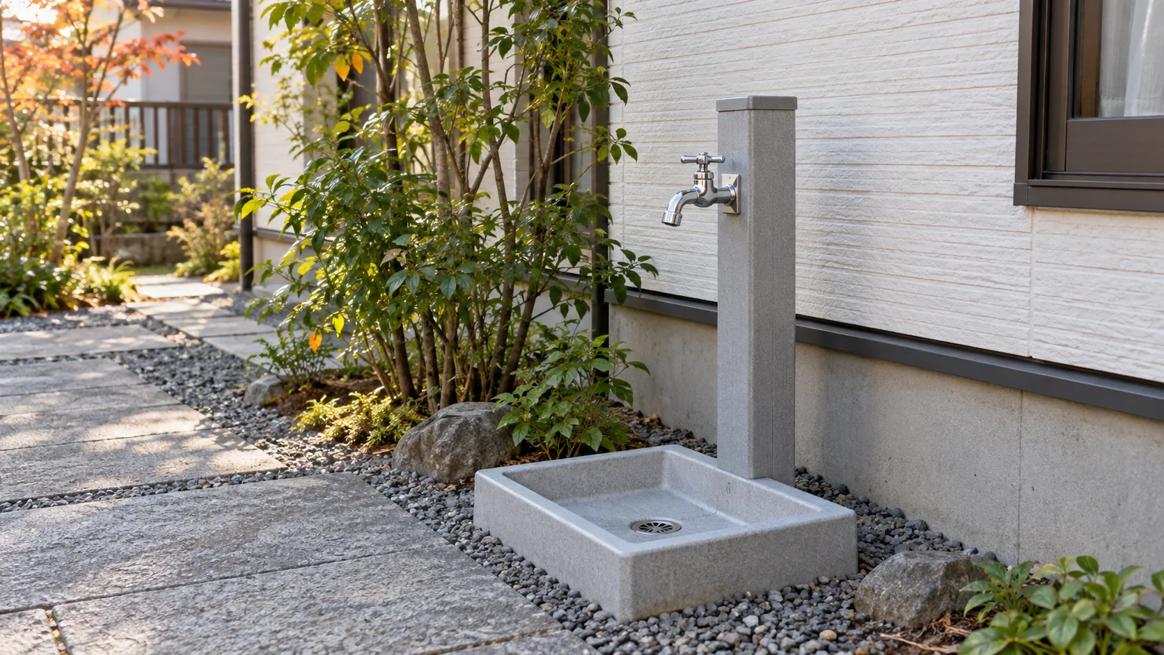 戸建ての庭の通路脇に設けた立水栓と排水口のある水受け