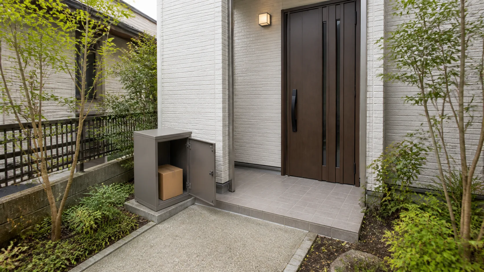 宅配ボックスの扉を開けても玄関への通路が残る配置