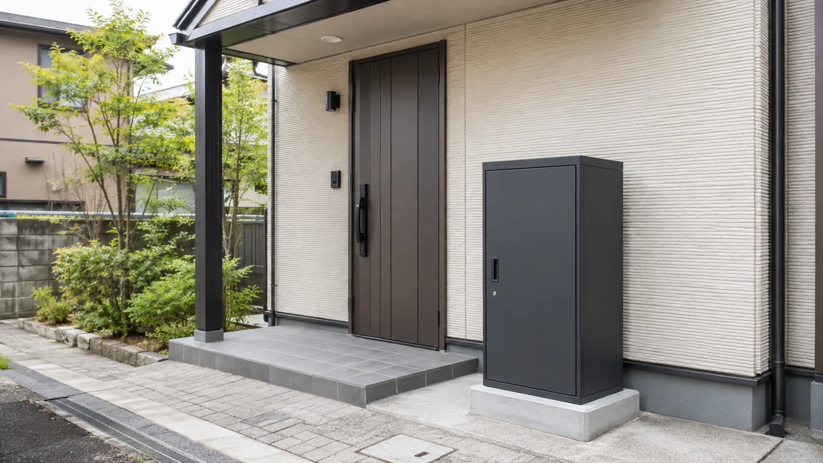 玄関への通路を確保し宅配ボックスを設置した日本の戸建て住宅