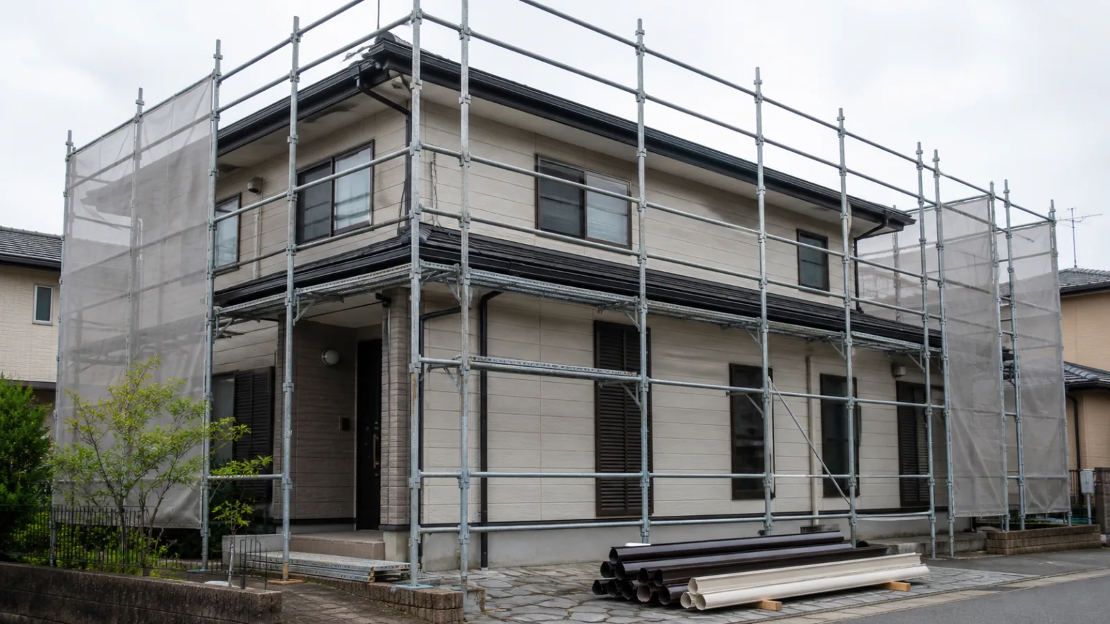 雨樋交換に備えて安全に足場を設置した戸建て住宅