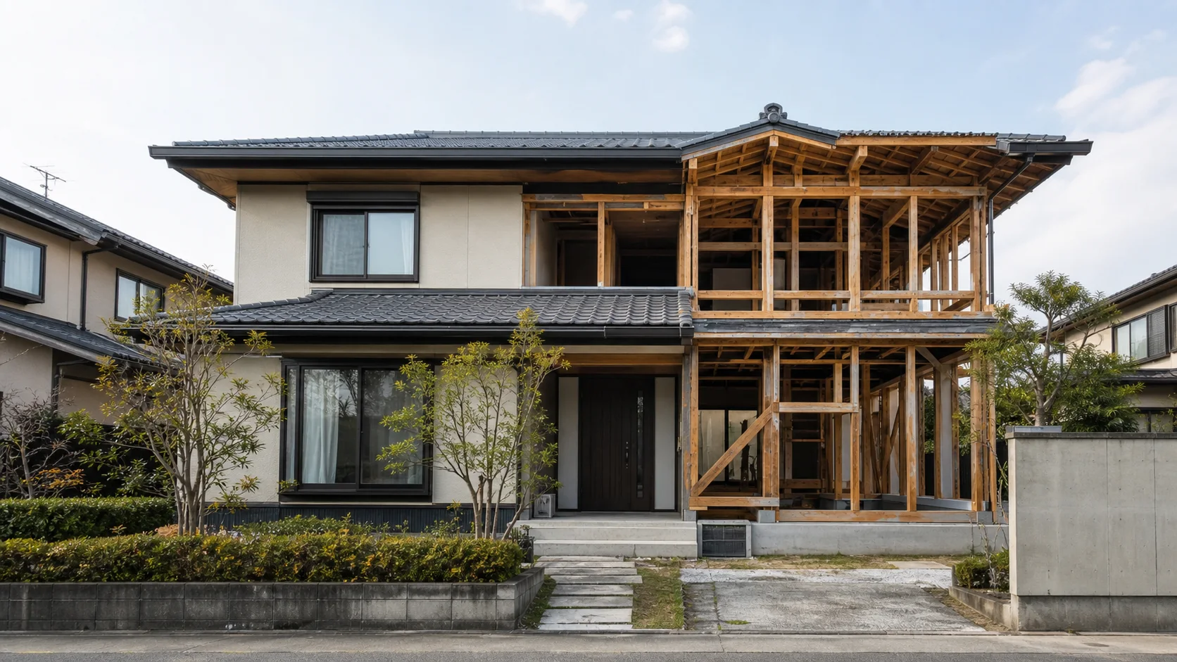 主要構造部を確認しながら改修する日本の木造2階建て住宅