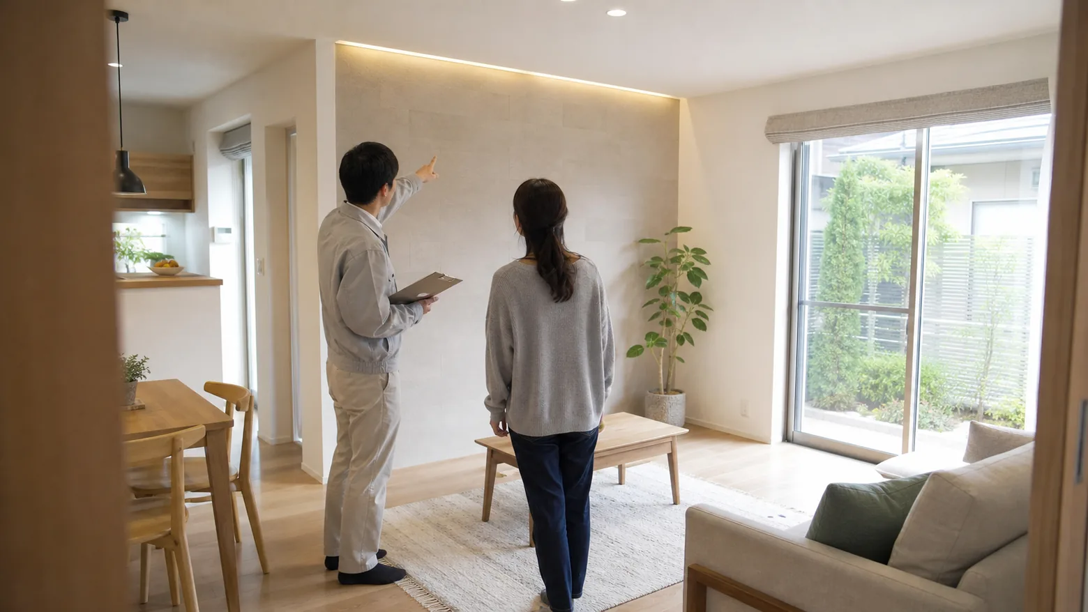 リフォーム完了後の住宅を確認する施主と担当者