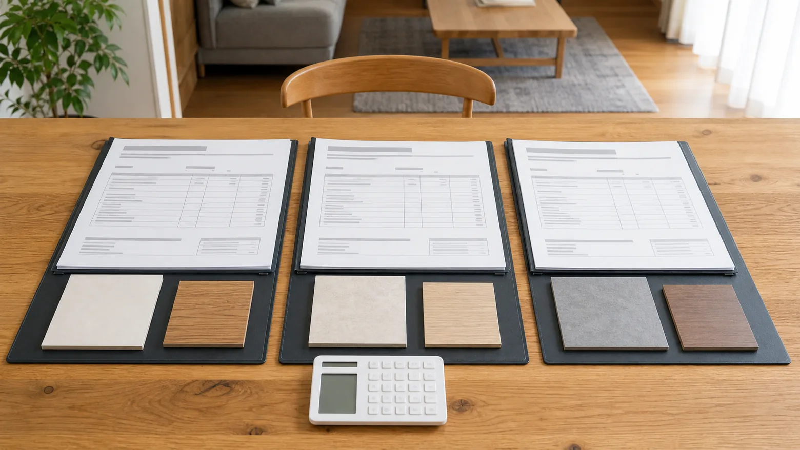 テーブルに並べた3社分のリフォーム提案資料