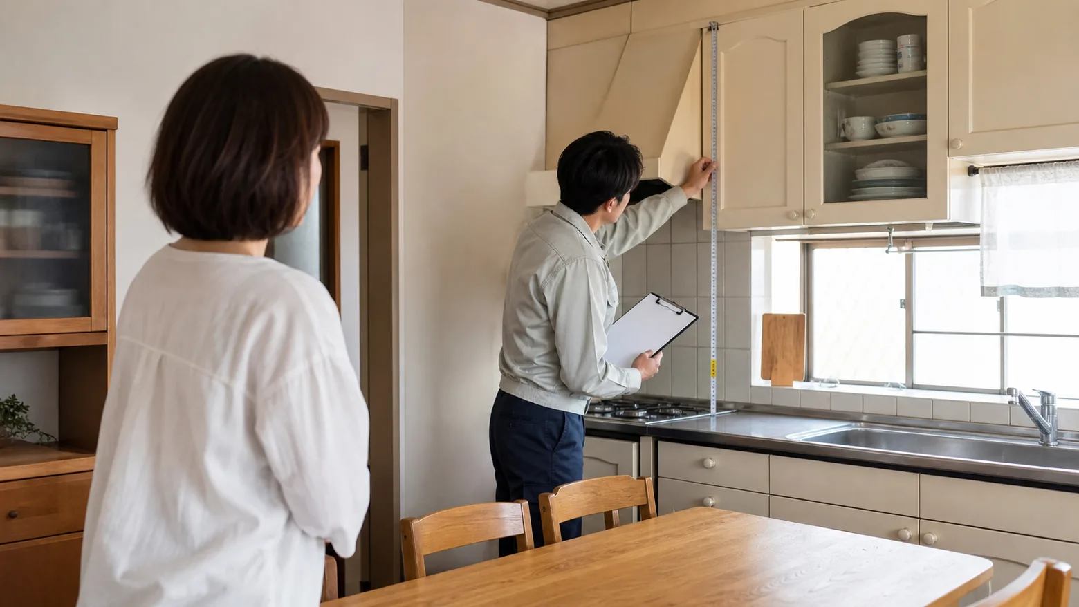 住宅内を丁寧に採寸するリフォーム担当者