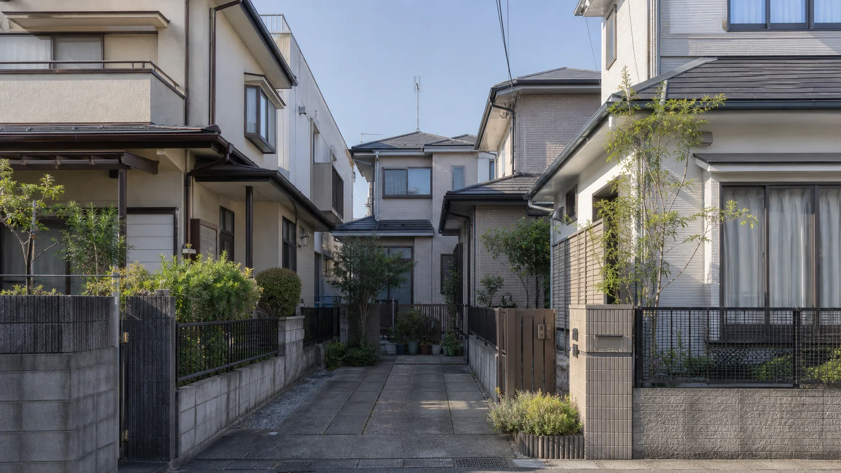 隣り合う戸建て住宅と境界が見える静かな住宅街