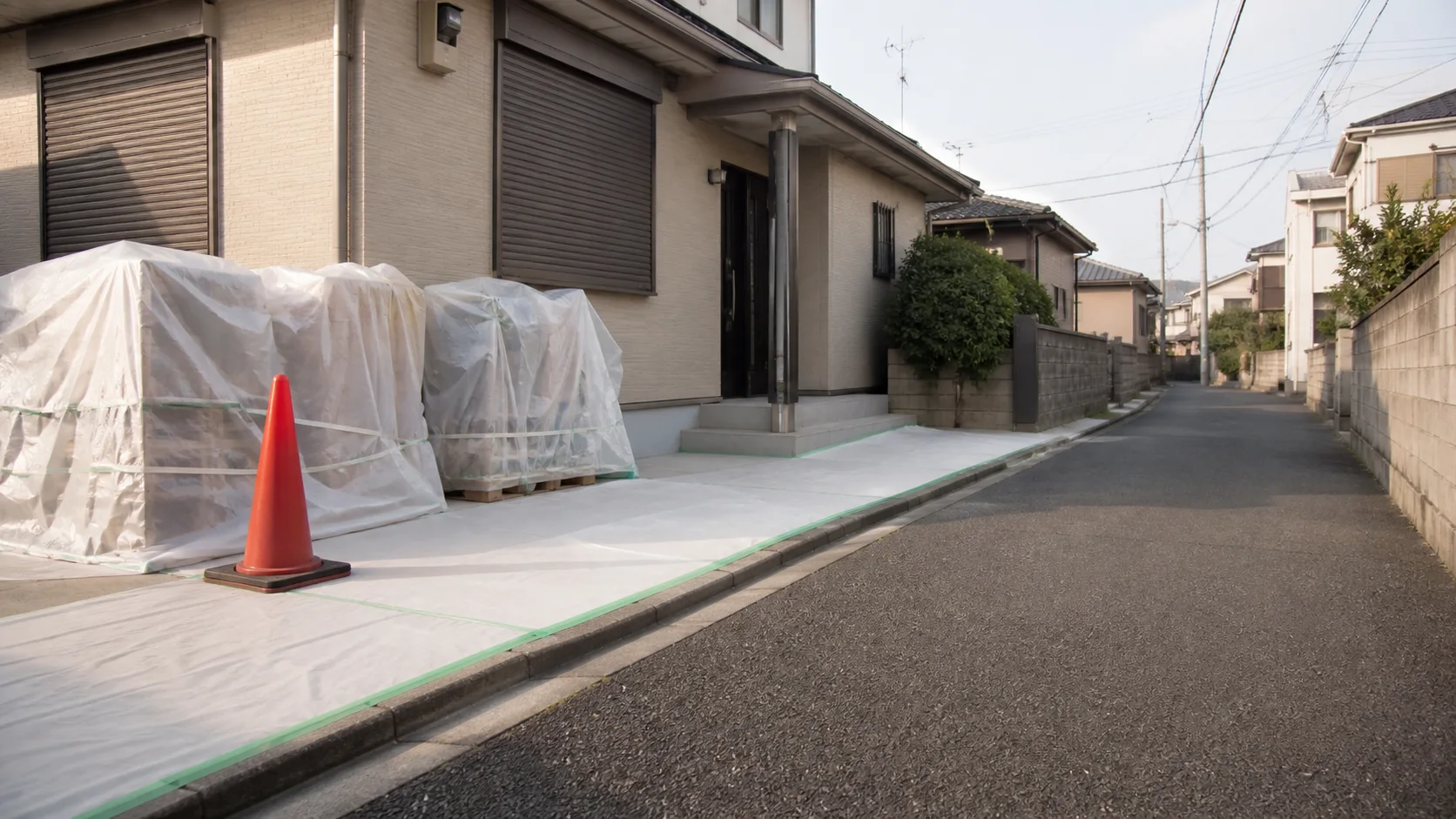 通路を確保し資材を整頓した住宅工事の入口