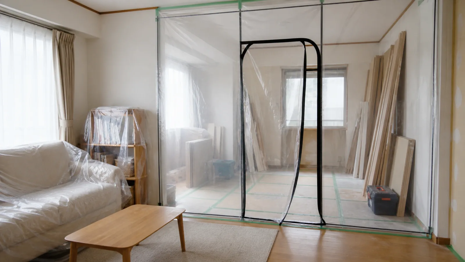 居住エリアと工事エリアを養生で分けた住宅
