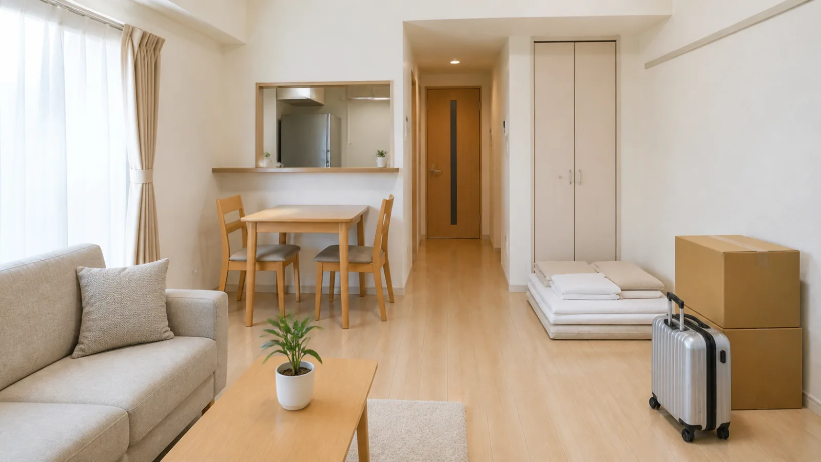 家具と段ボールを整えた清潔な仮住まいの室内