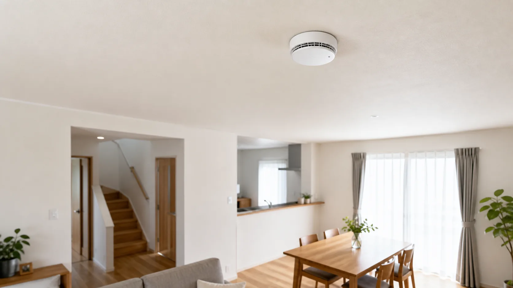 天井に住宅用火災警報器を設置した日本の戸建てリビング