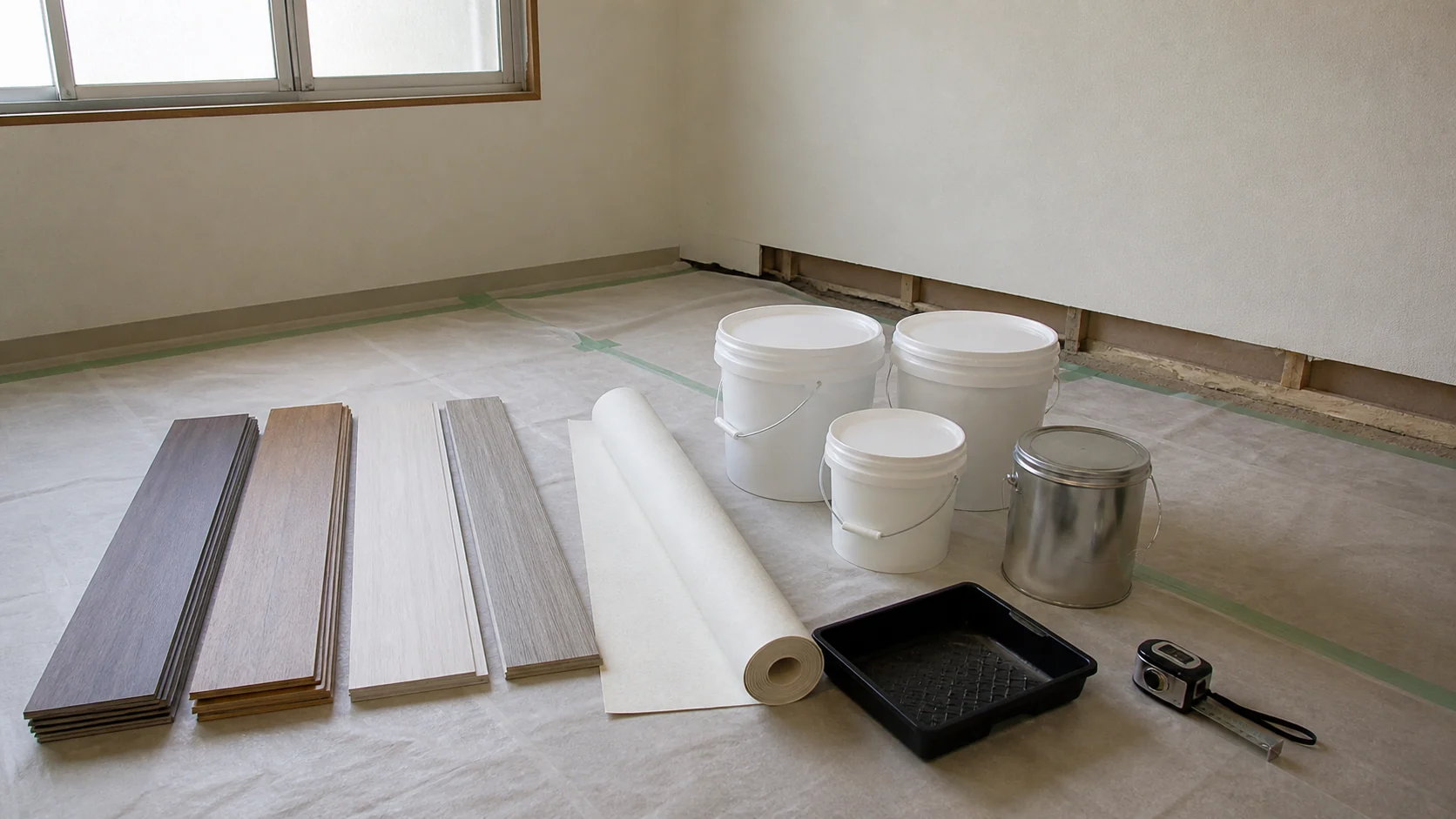 内装工事で使用する床材と壁紙と低放散タイプの接着剤を整理した施工前の現場