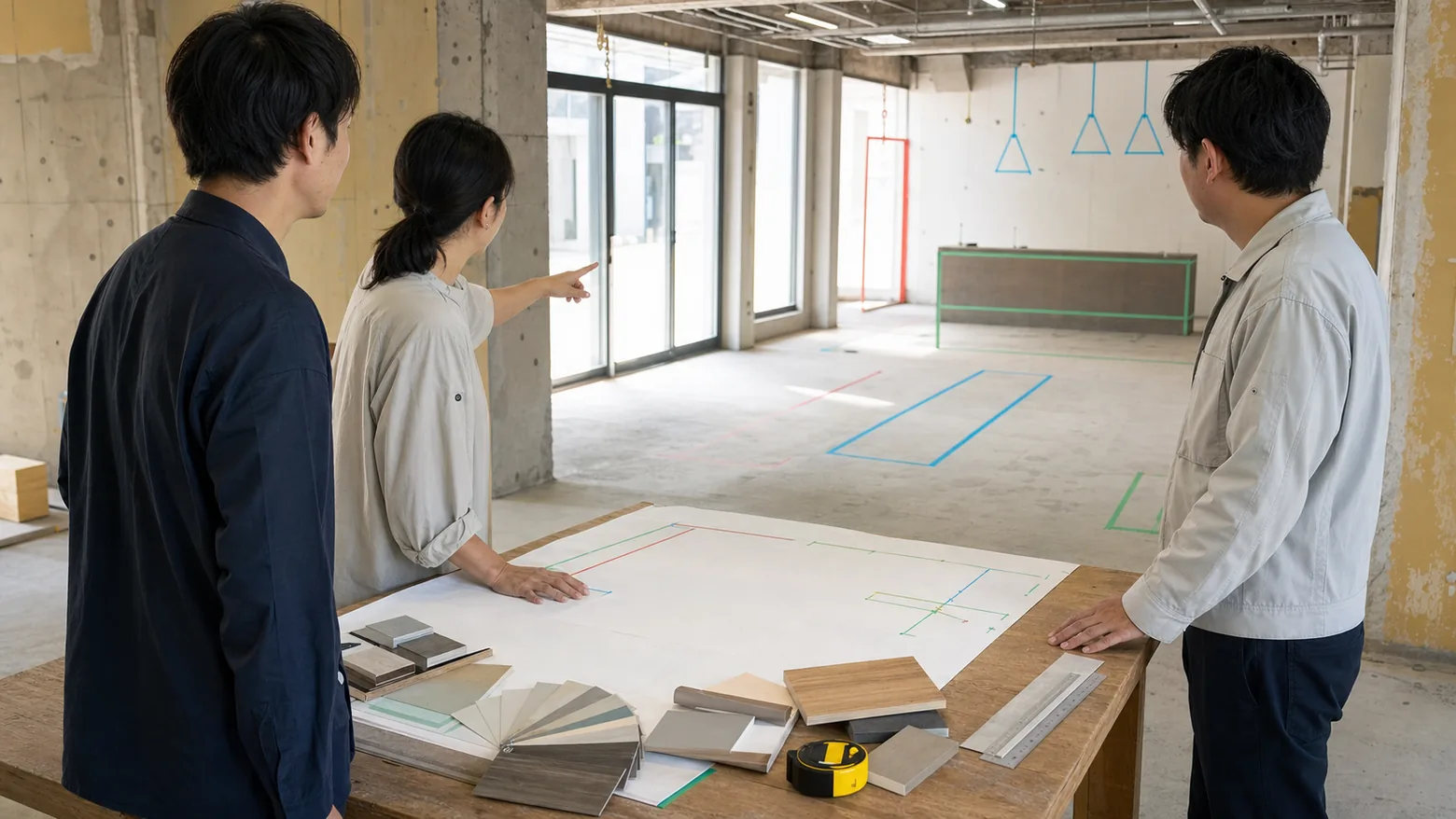設計図面を見ながら打ち合わせをする様子