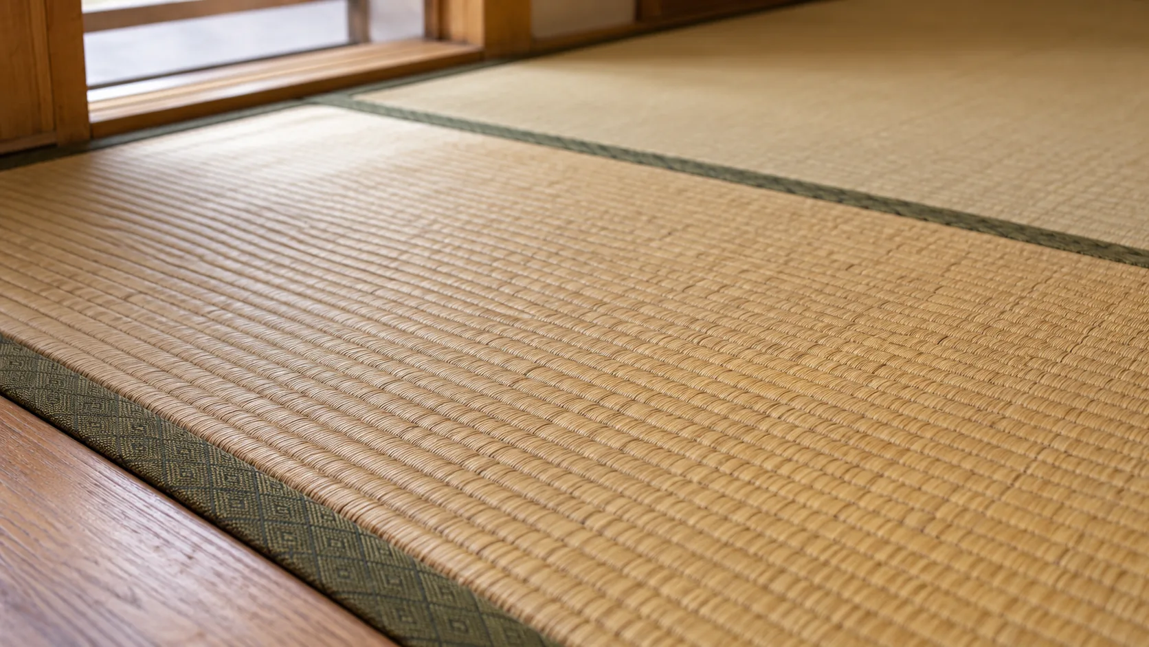 畳表の織り目と端の畳縁が見える縁付き畳