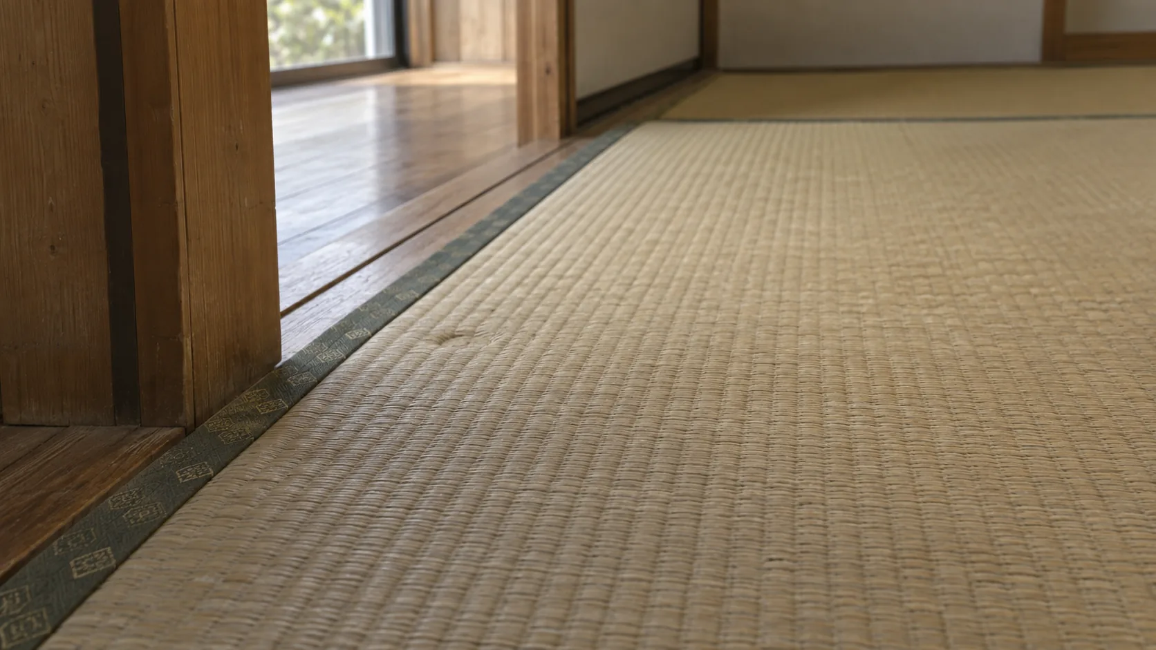 敷居の近くにある畳の表面と浅い家具の跡