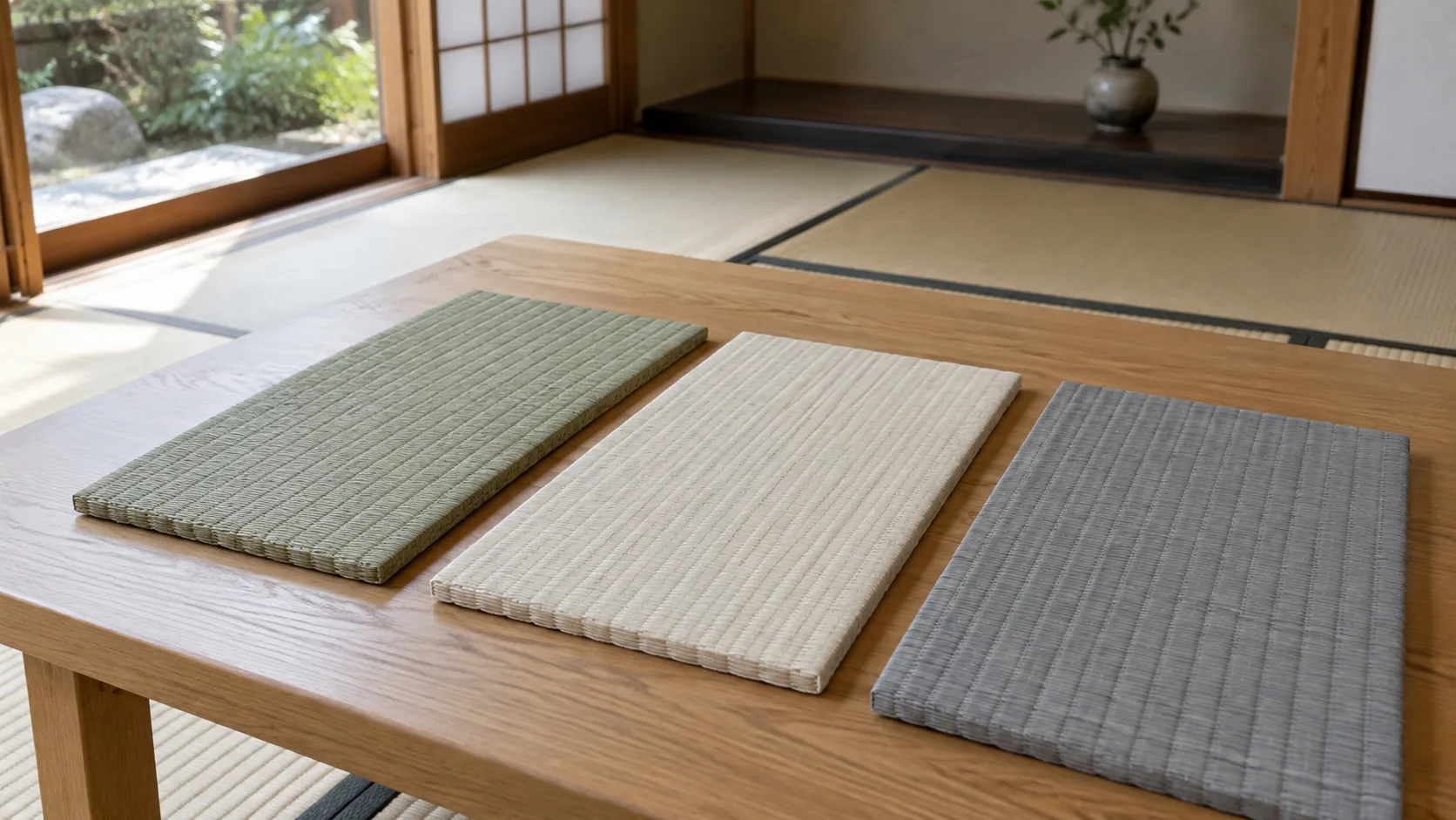 和室の座卓に並べた色と織り目の異なる畳の見本