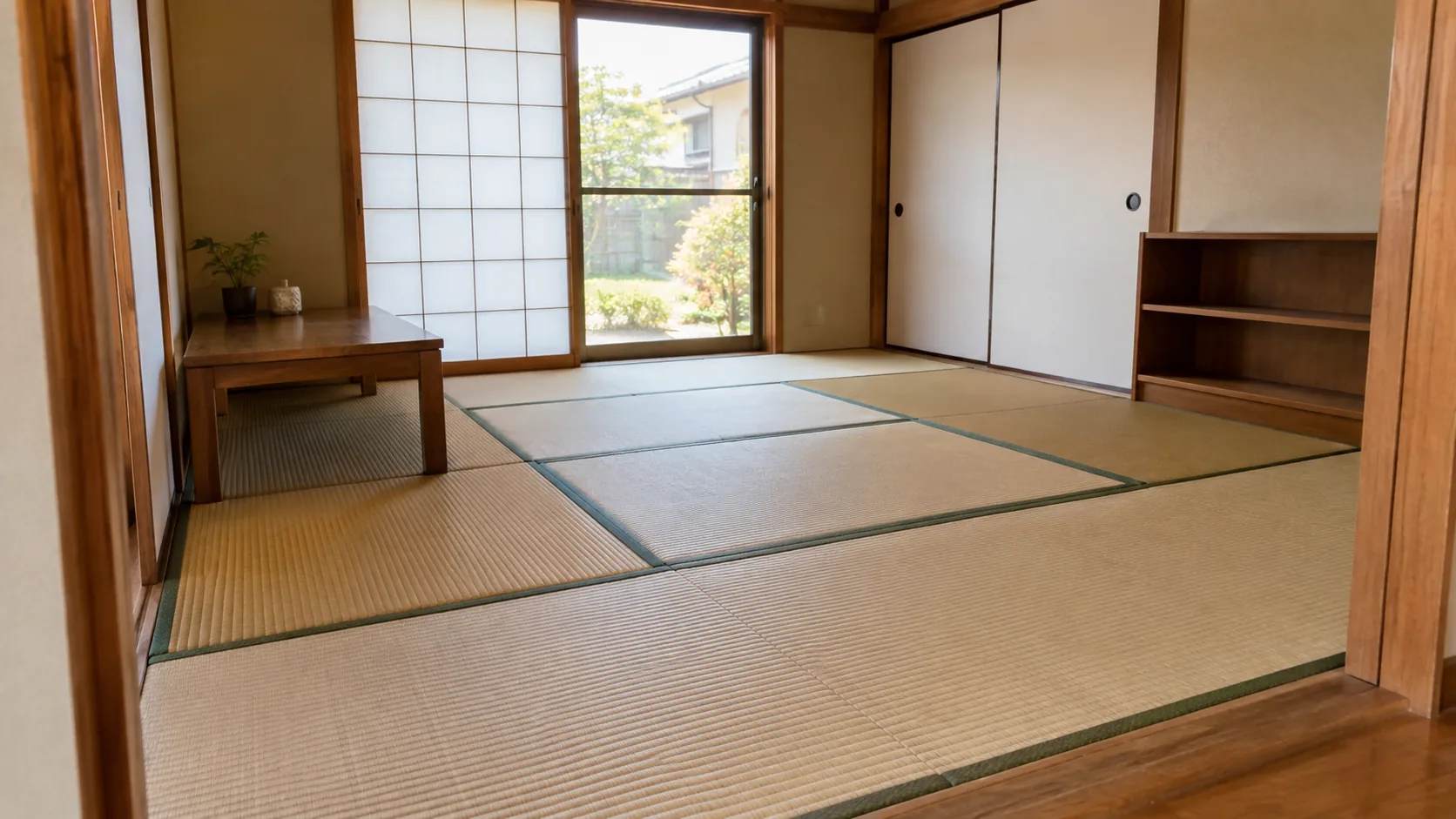 家具を壁際へ寄せて床面を見渡せる和室