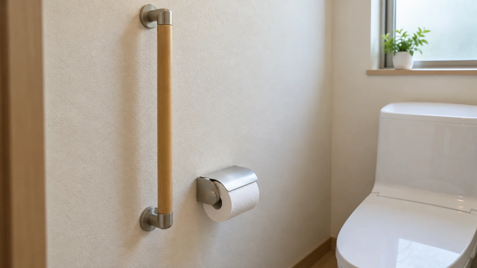 縦手すりと紙巻器を別々に取り付けたトイレの壁
