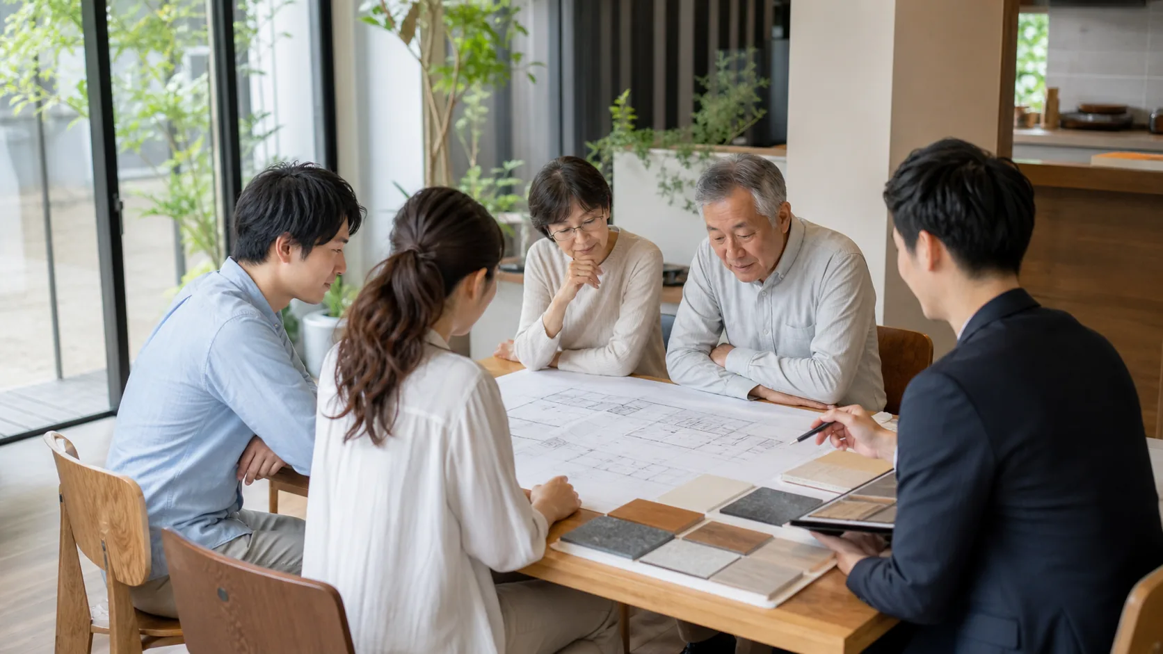 二世帯住宅の間取りと予算を家族で相談する打ち合わせ