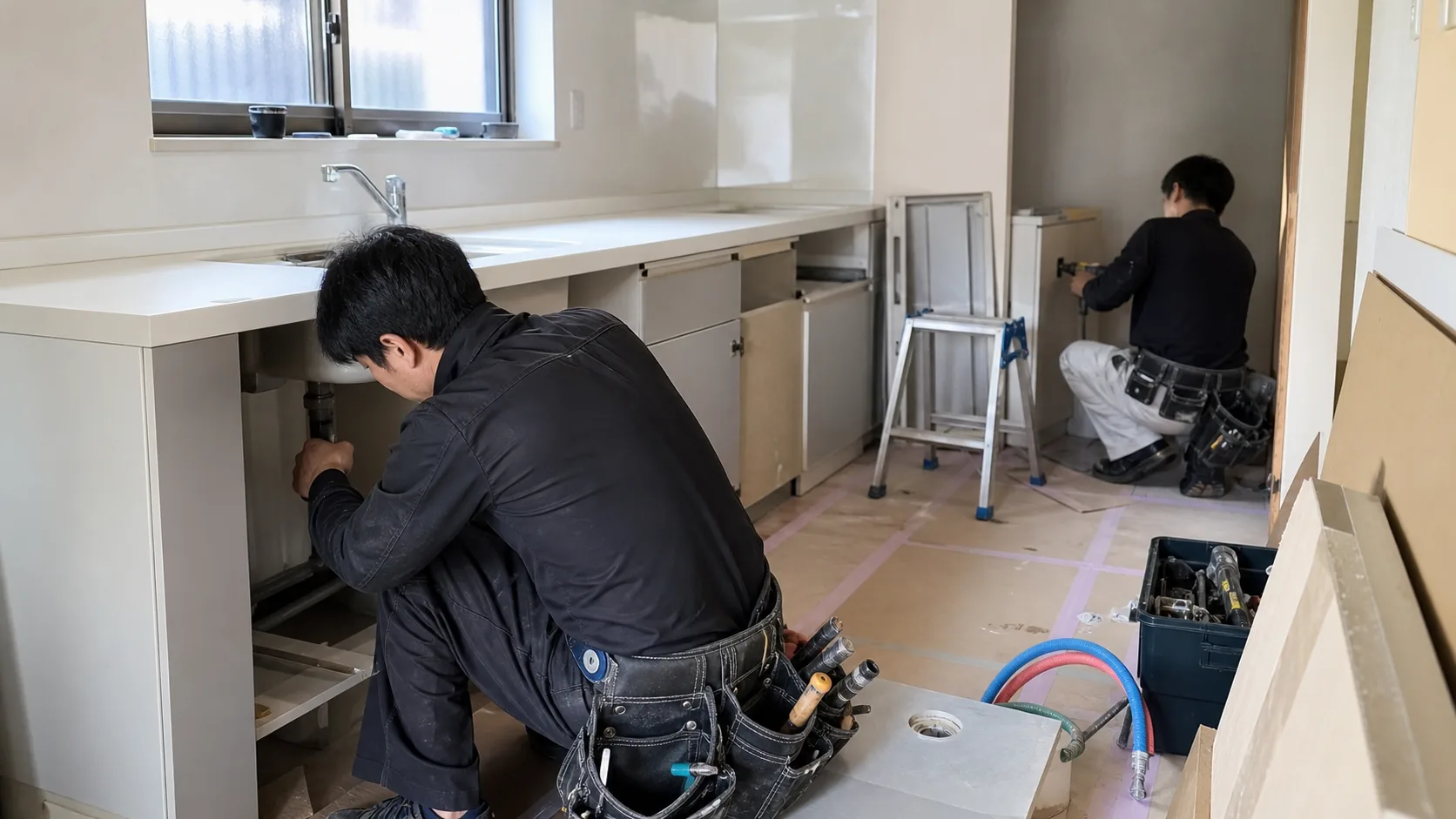 二世帯住宅のセカンドキッチンへ給排水設備を施工する様子