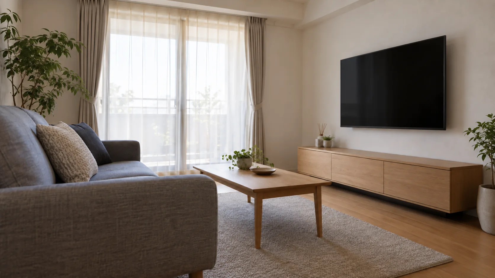 ソファと壁掛けテレビの高さの関係が見えるリビング