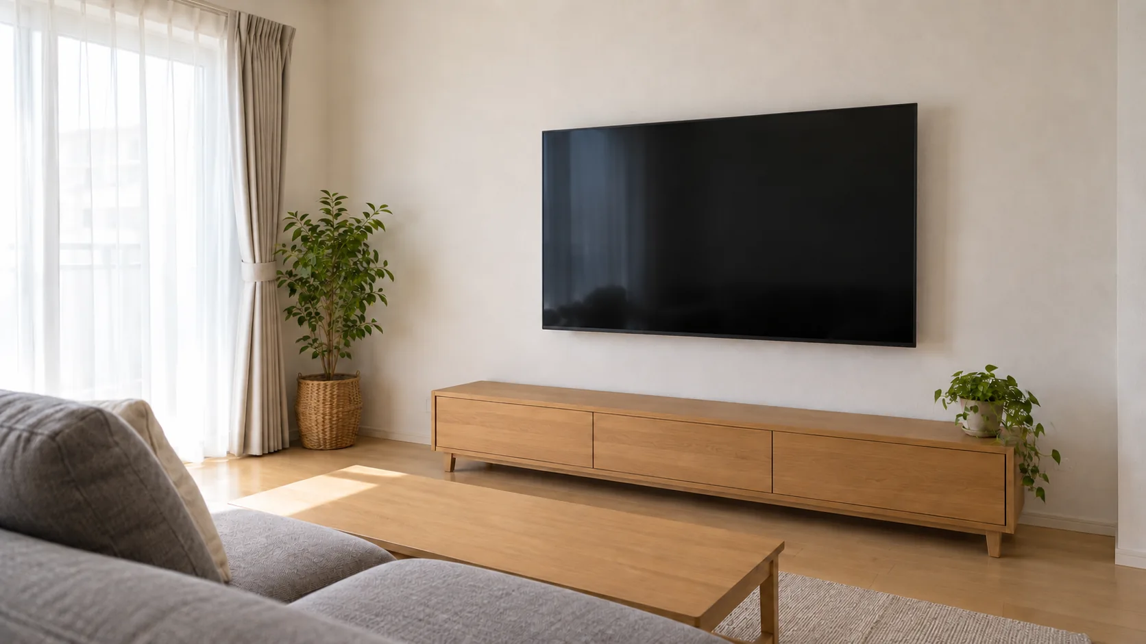 壁掛けテレビと低い収納を配置した日本の住まいのリビング
