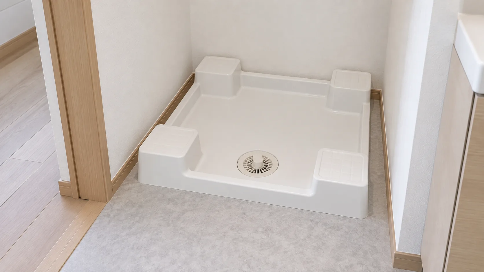 洗濯機を置く前の防水パンの内側と四隅の脚を載せる部分