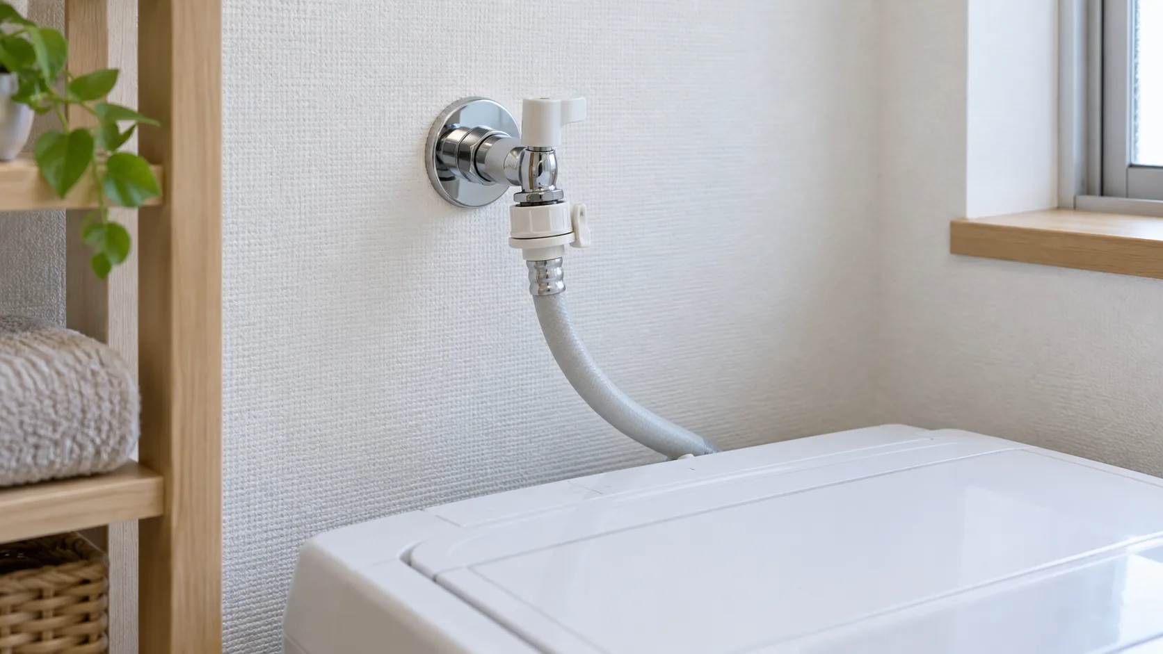 洗濯機上部との間隔を確保した壁の洗濯機用水栓と給水ホース