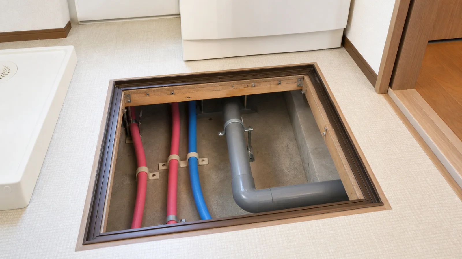 床下点検口から確認できる整理された給水管と排水管