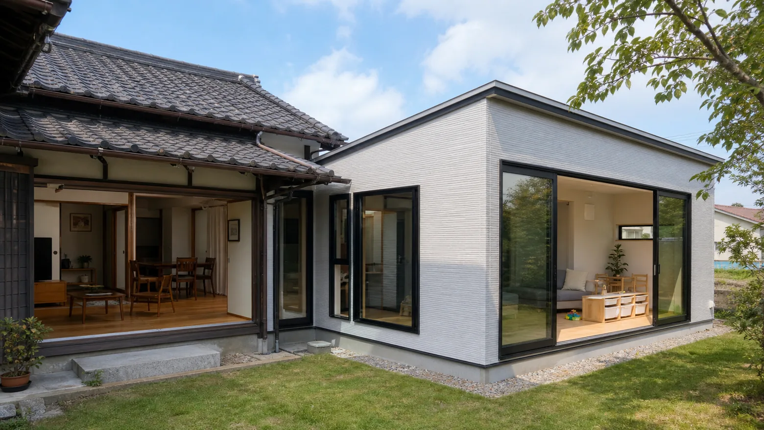 日本の一戸建て住宅の外観と増築部分