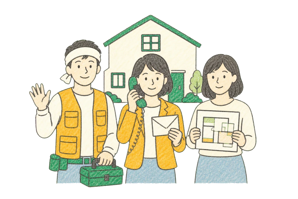 職人とお客様を電話やメールでつなぐ担当者のクレヨンイラスト