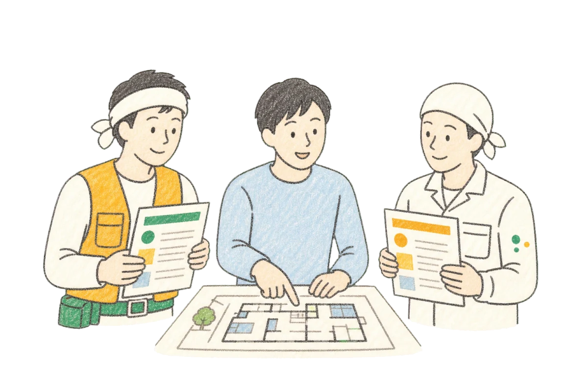 施主と2社の職人が見積書を比較するクレヨンイラスト