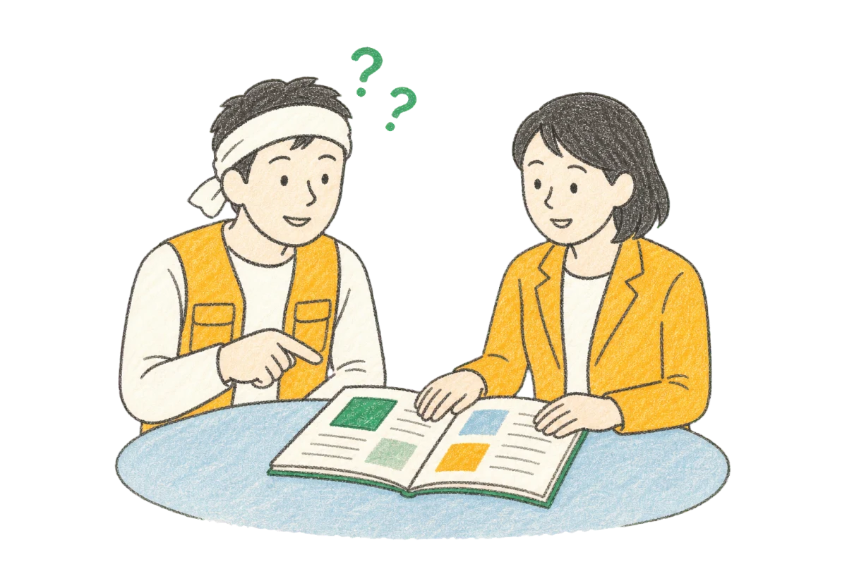 加盟について担当者へ質問する職人のクレヨンイラスト