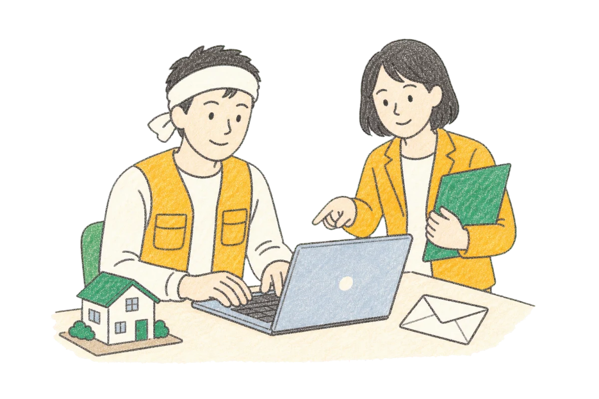 担当者の案内を受けながら資料請求フォームを入力する職人のクレヨンイラスト