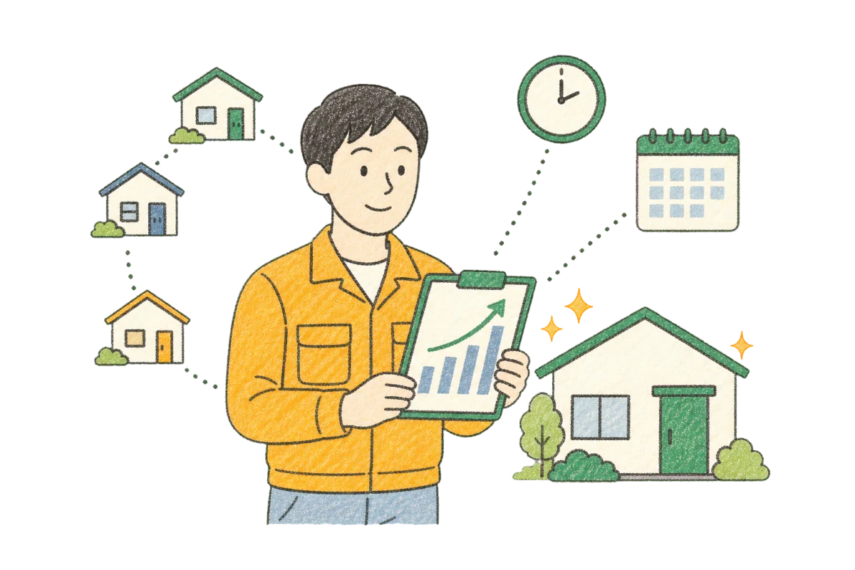 全国の住まいと成長を確認するリフォーム事業者のクレヨンイラスト