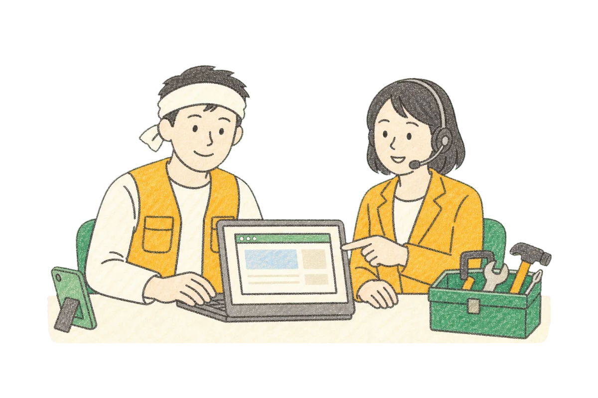 専用ページを見ながらコンシェルジュの支援を受ける職人のクレヨンイラスト