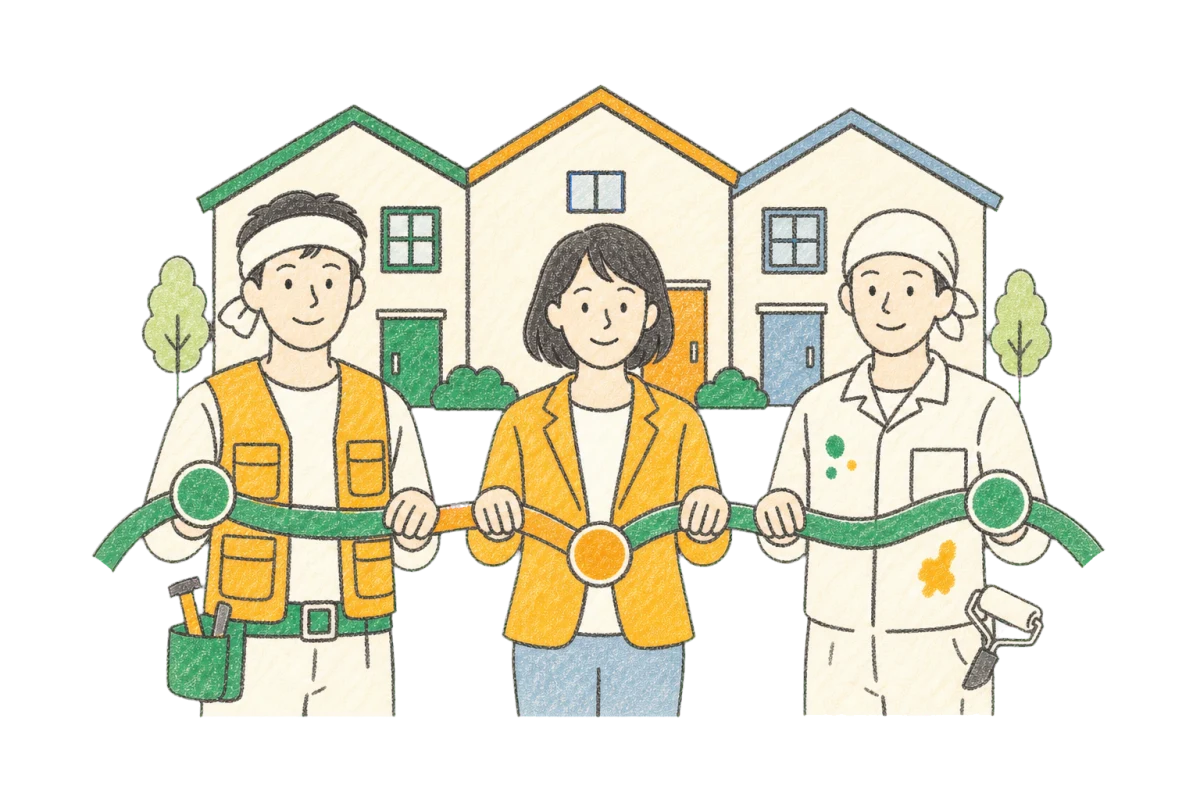 地域の住まいをつなぐ職人と担当者のクレヨンイラスト