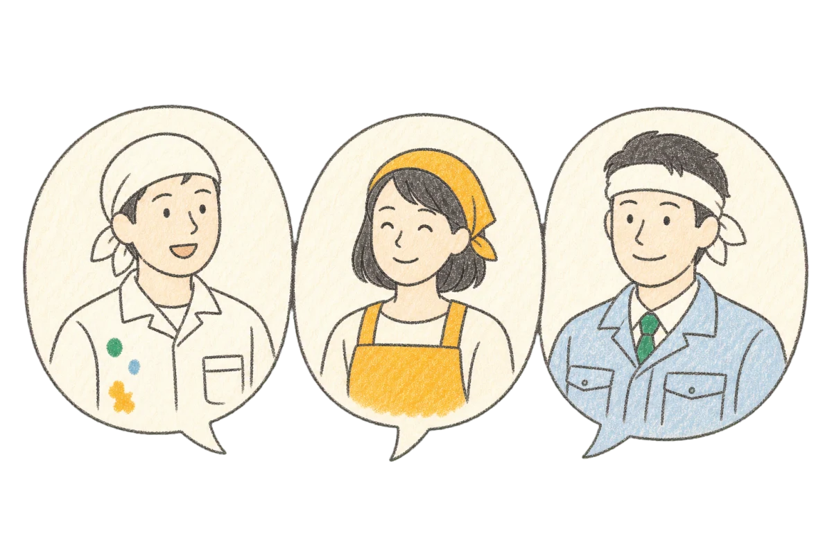 加盟店として活躍する3名の事業者のクレヨンイラスト