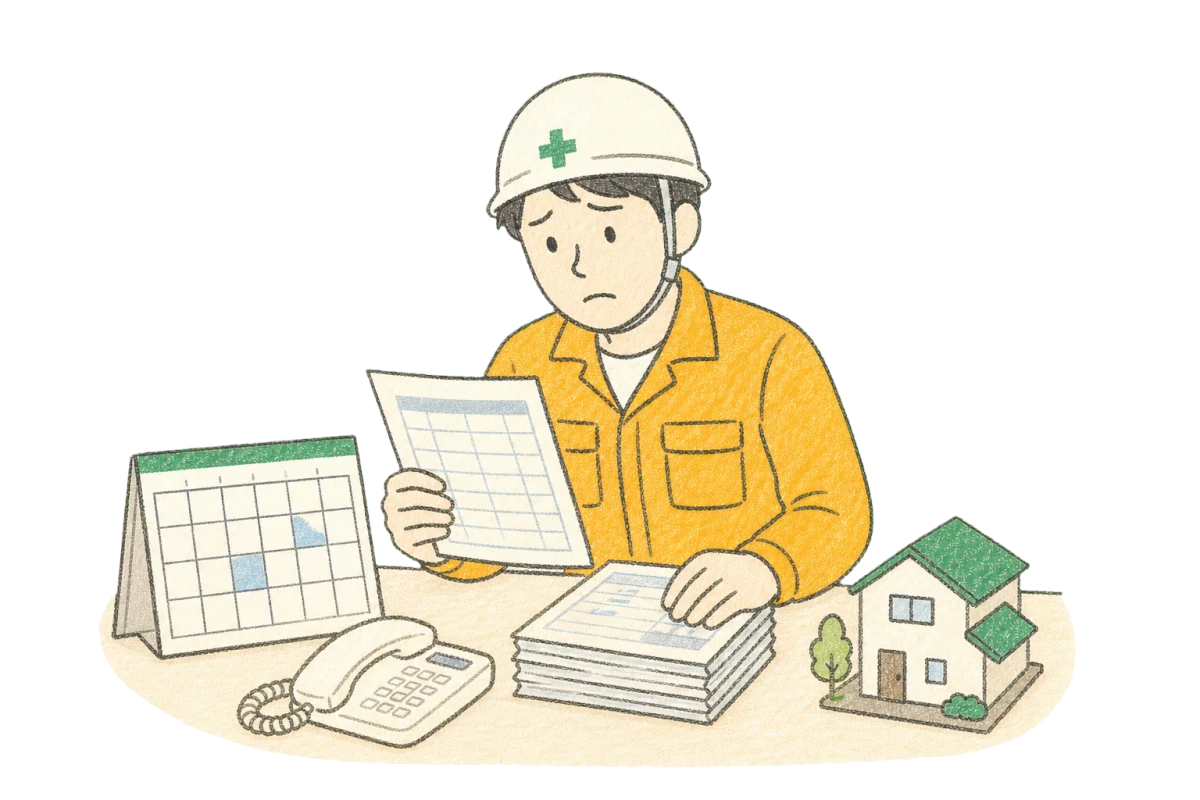 仕事の予定や見積書を見ながら悩む職人のクレヨンイラスト