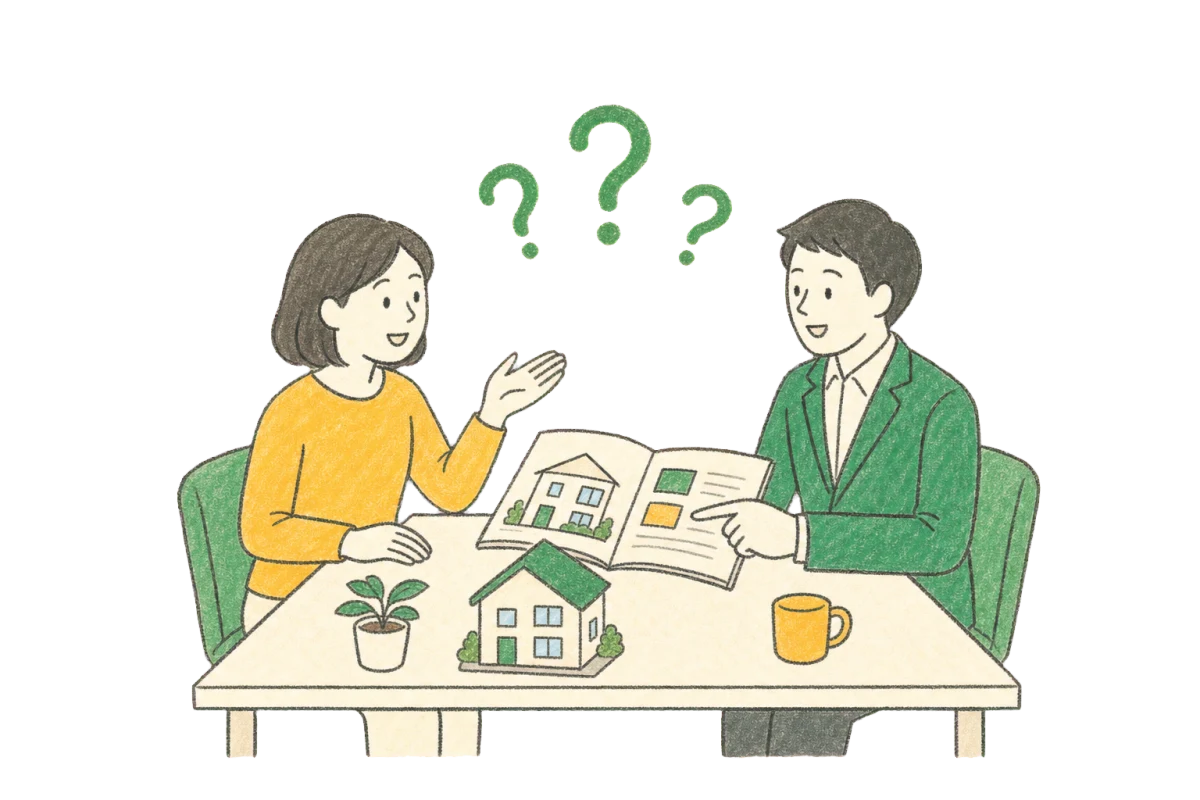 住まいの疑問を担当者へ相談するお客様のクレヨンイラスト