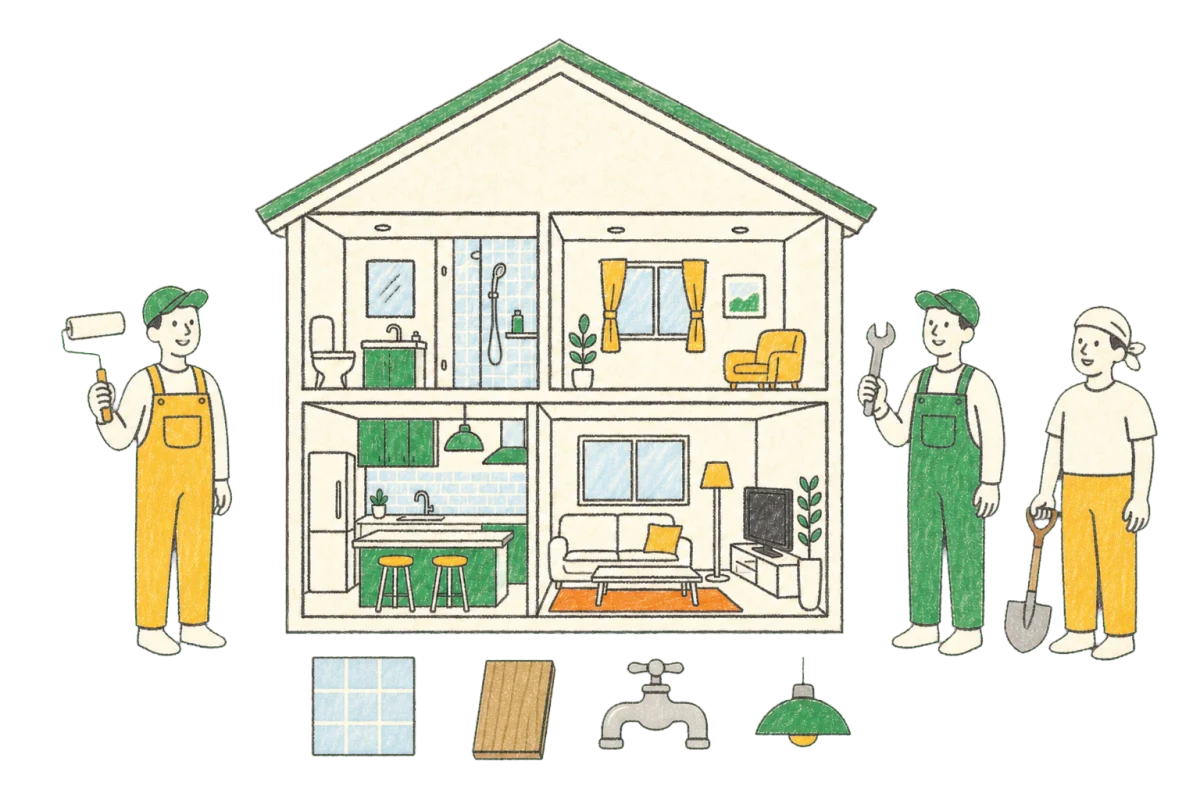 住まいのさまざまな工事に対応する職人たちのクレヨンイラスト
