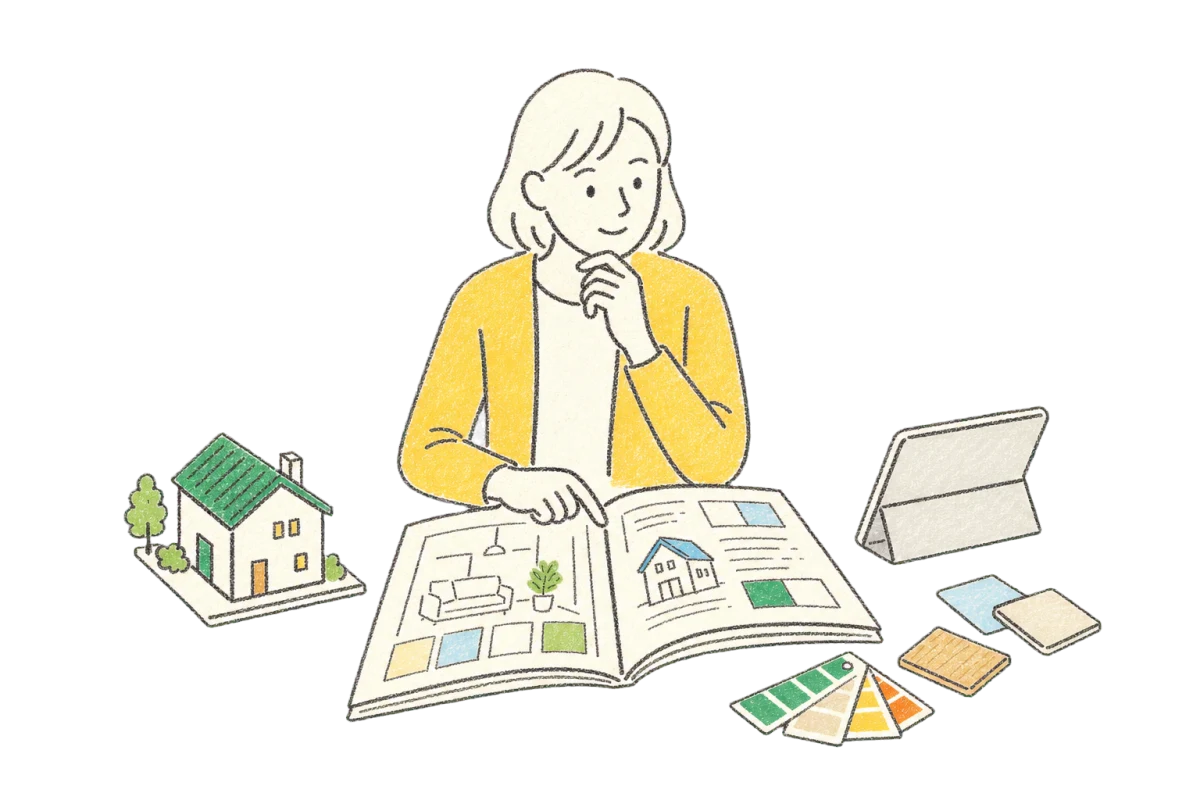 ガイドブックやタブレットでリフォーム情報を調べる人のイラスト