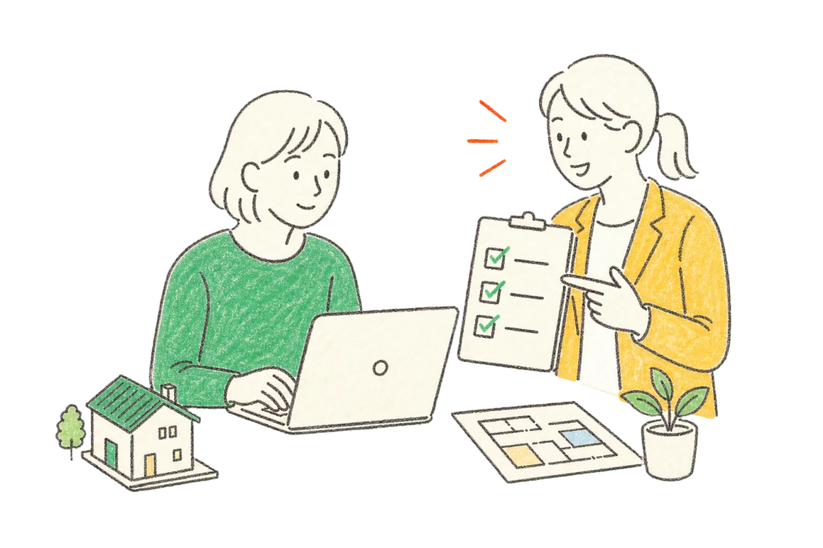 パソコンで相談フォームを入力しながらスタッフの案内を受ける人のイラスト