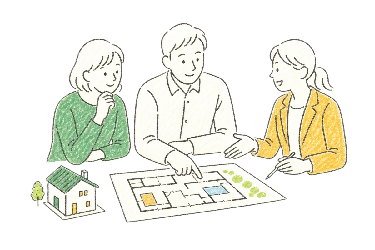 住まいの図面を囲んでリフォーム相談をする夫婦とアドバイザーのイラスト
