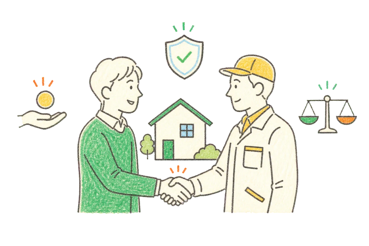 住まいを背景に施主と職人が握手を交わす安心感のあるイラスト