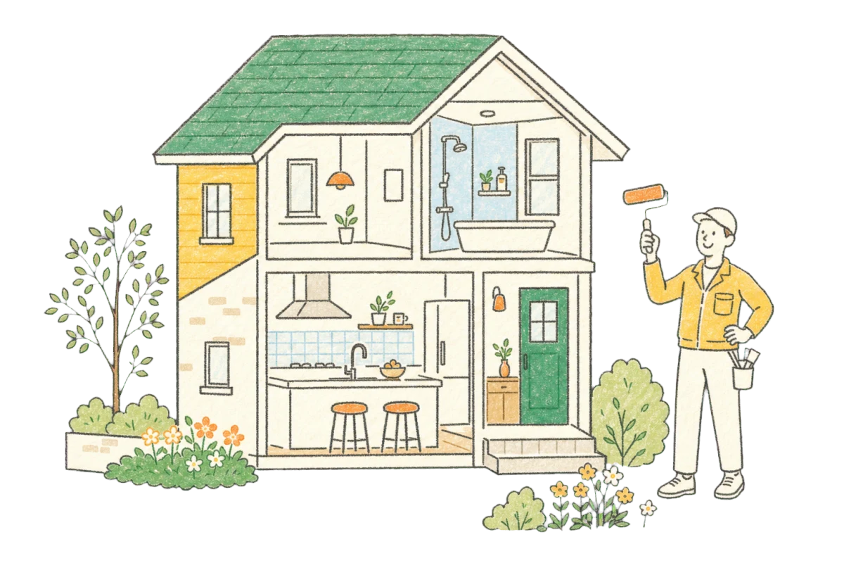 キッチンや浴室、外壁など多様なリフォームに対応する住まいのイラスト
