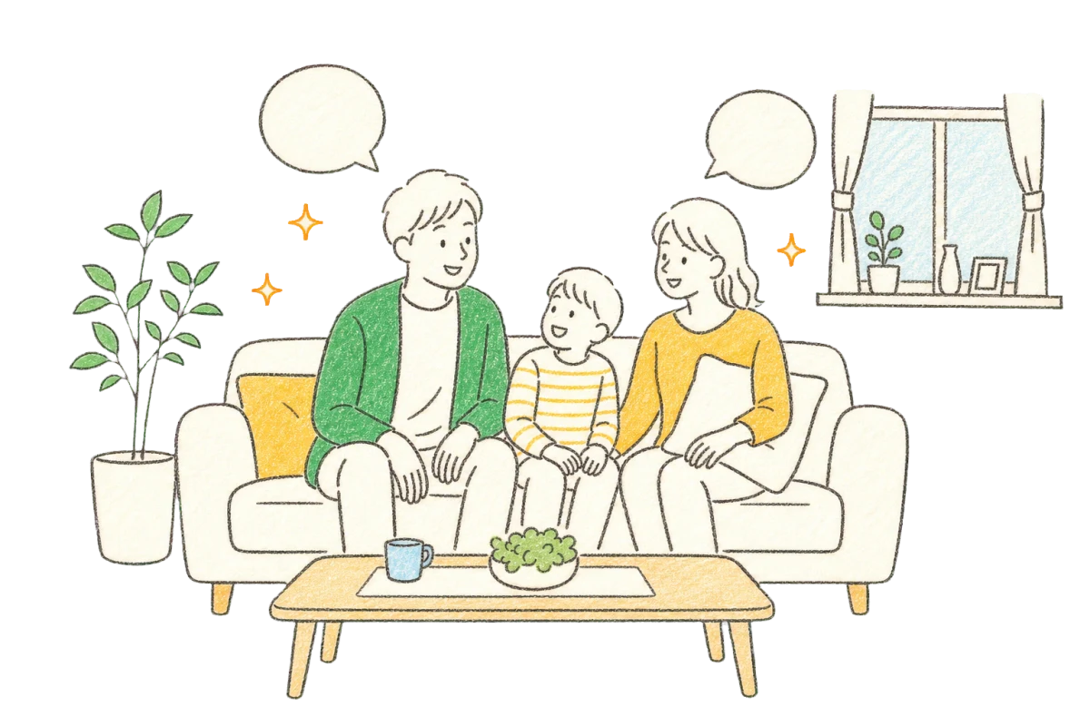 リフォーム後の明るいリビングでくつろぐ家族のイラスト