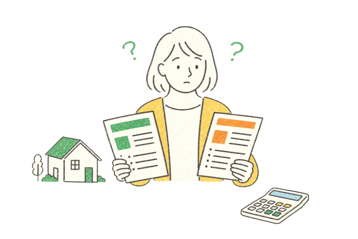 リフォーム会社の資料と費用を見比べて悩む人のイラスト