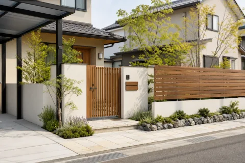 門と塀と植栽を整えたエクステリア