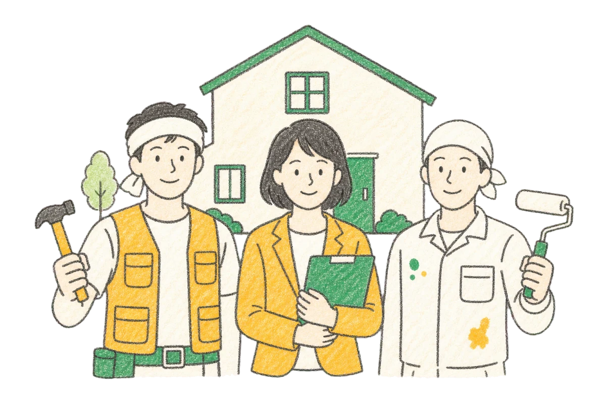 大工、現場担当者、塗装職人が並ぶ加盟店募集のイラスト
