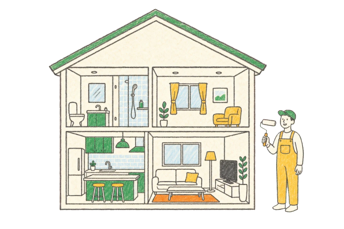 水回りや内装をリフォームした住まいと職人のイラスト